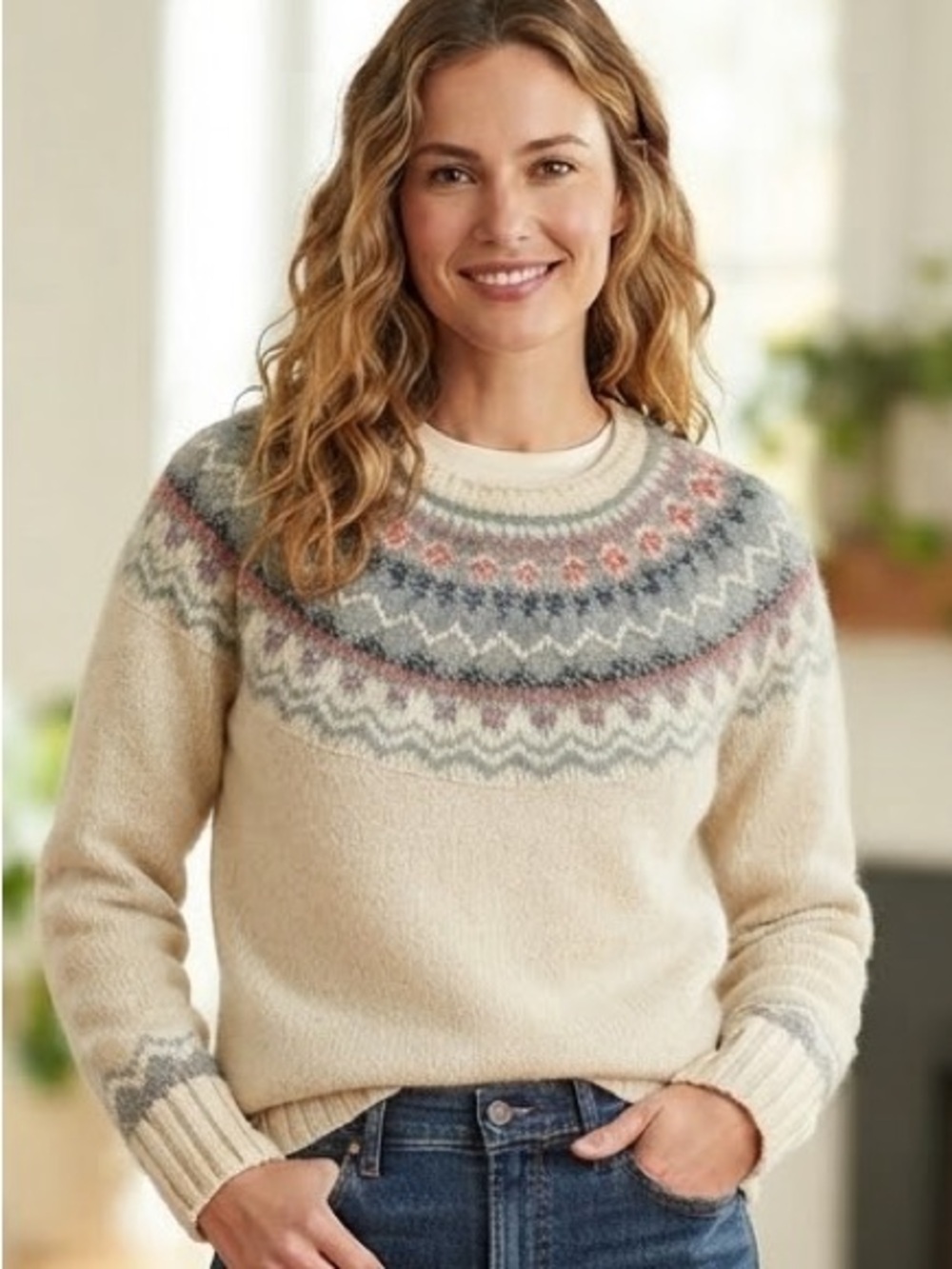 LL BEAN Wool Cream Fair Isle Yoke Crewneck Sweater